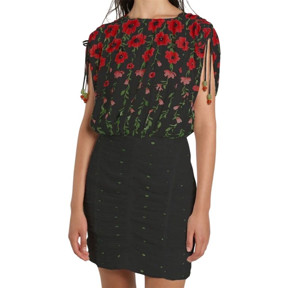 Sabina Musayev Black Mini Dress with Red Floral Print